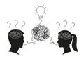 Man and woman dialogue with confused thoughts in their head and questions in their brain. Brainstorm process. New idea, solution. Royalty Free Stock Photo